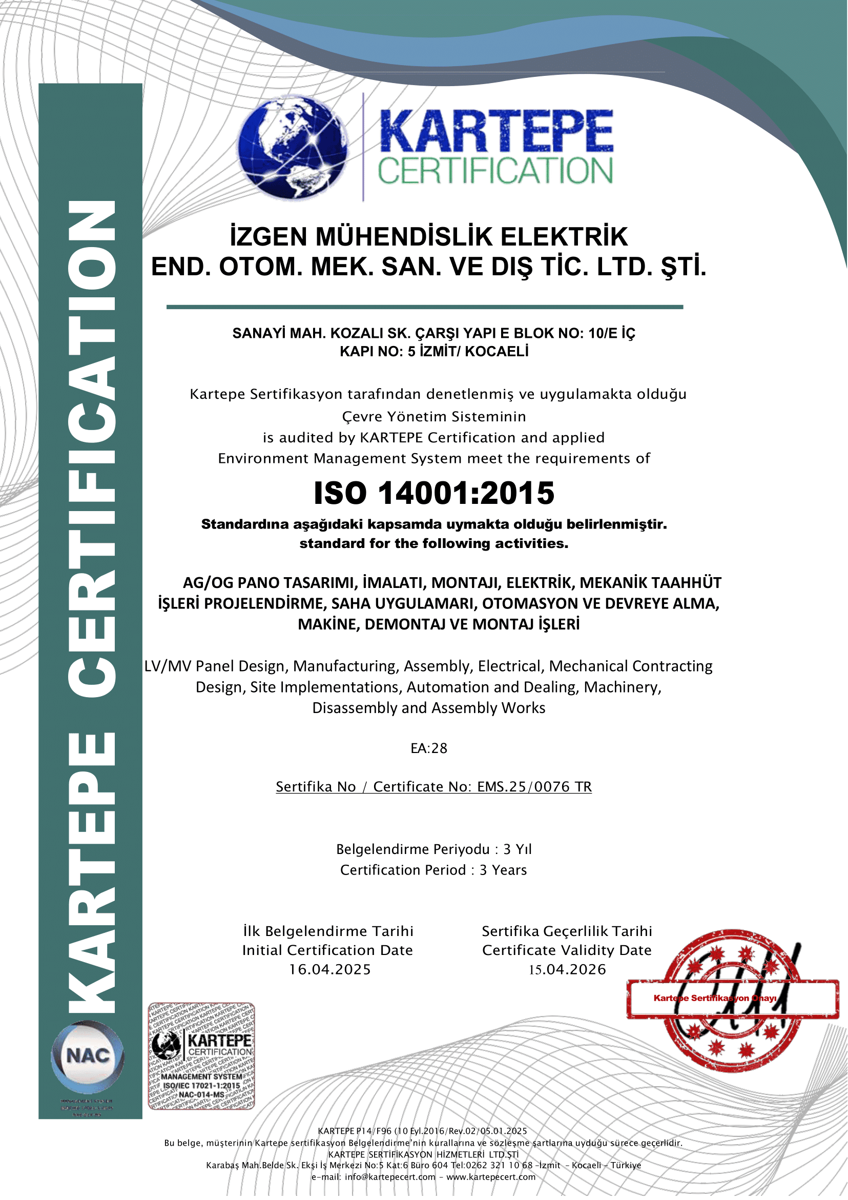ISO 14001:2015 Çevre Yönetim Sistemi belgesi
