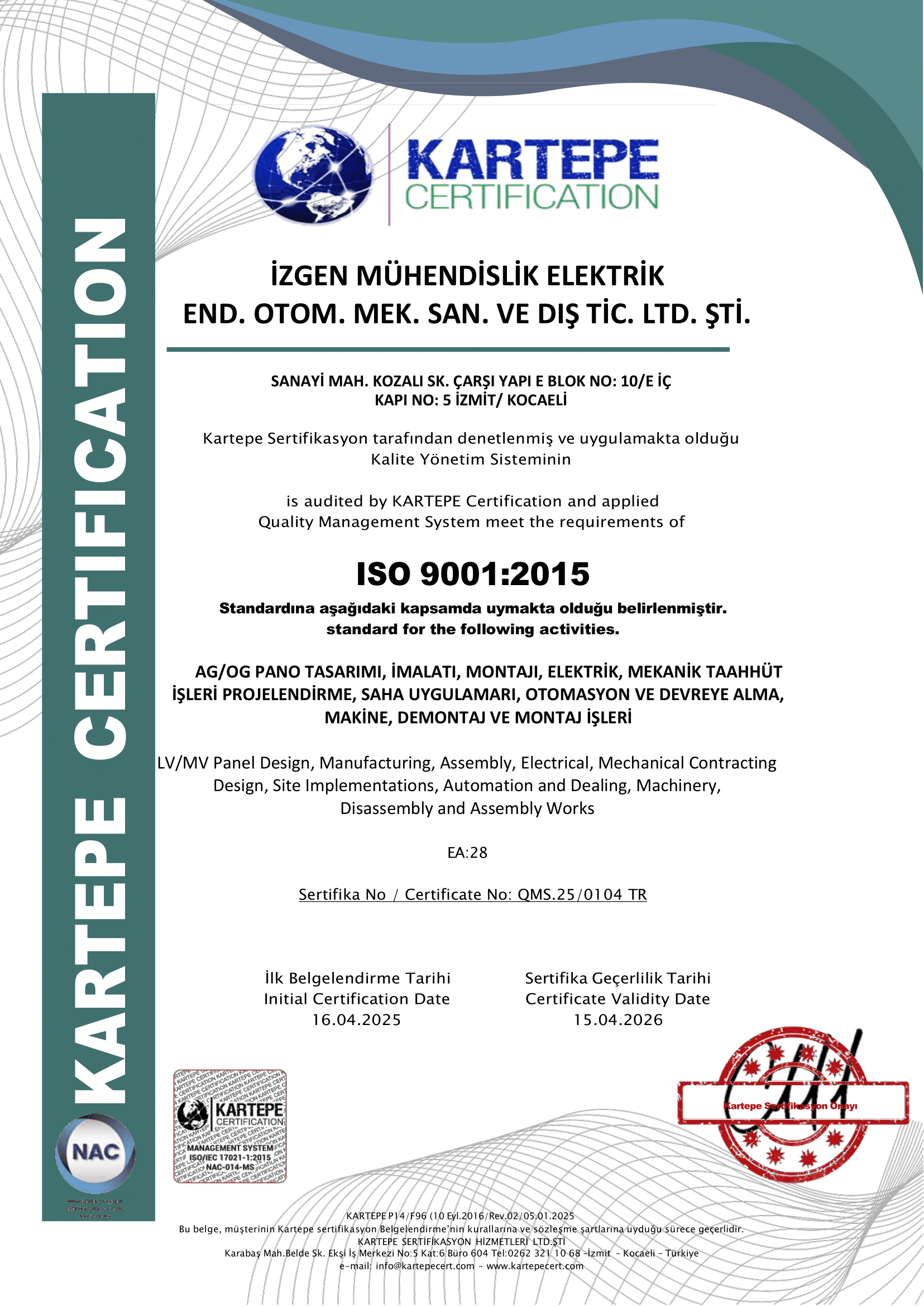 ISO 9001:2015 Kalite Yönetim Sistemi belgesi