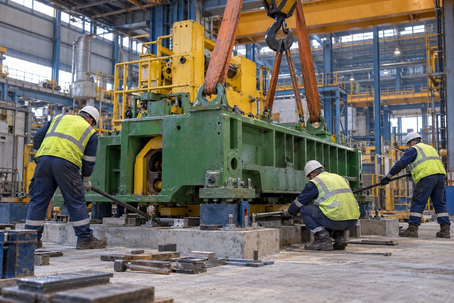 Fabrika holünde ankraj üzerine hizalanan büyük makine şasesi