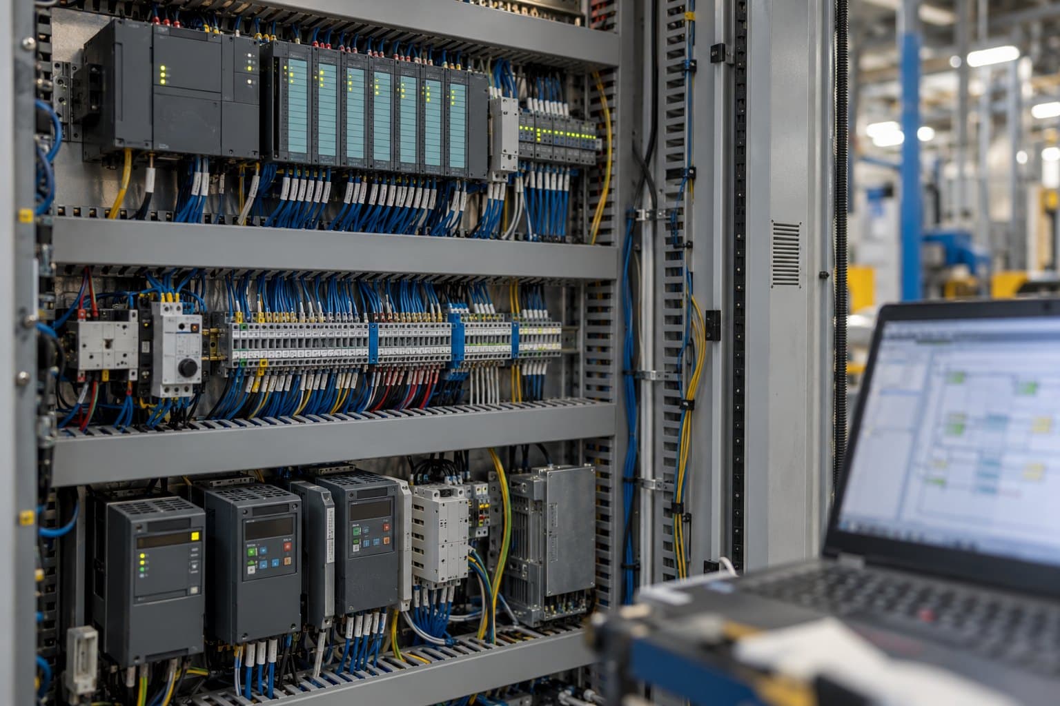 PLC, sürücüler ve kablolaması tamamlanmış otomasyon panosu