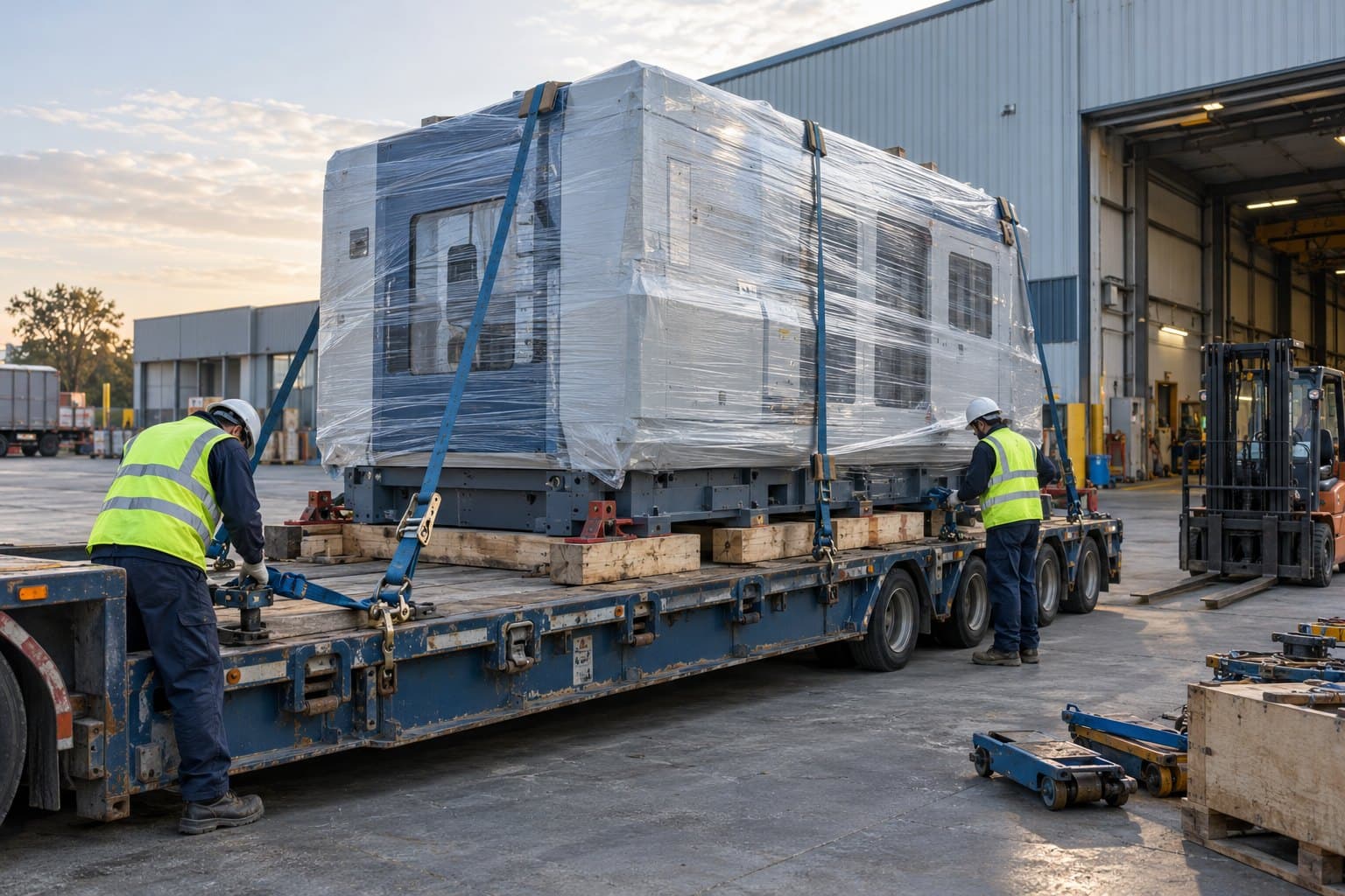 Streçlenip lowbed römorka bağlanan üretim makinesi